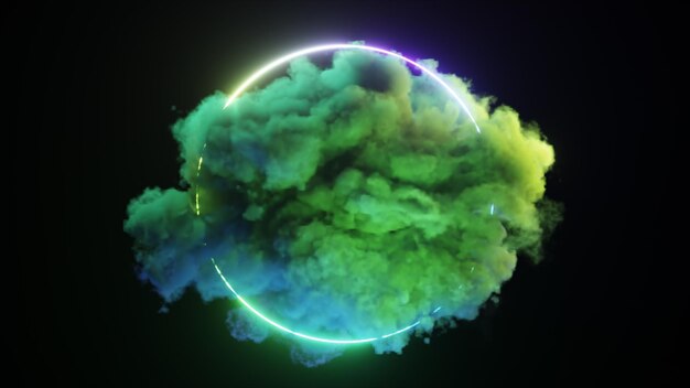 과학 레트로 레이저 네온 추상 기술 배경 다채로운 구름이 네온 원을 중심으로 회전합니다.
