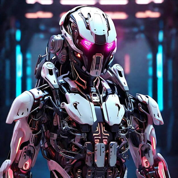 SciFi robotic exoskeleton armor with human operator inside robot with neon glow 3d illustration