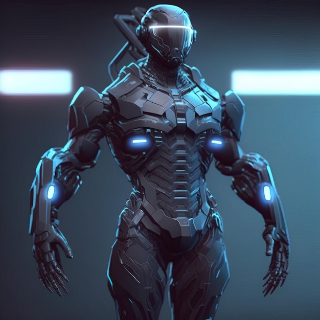 Scifi robotic exoskeleton armor with human operator inside robot with neon glow 3d illustration