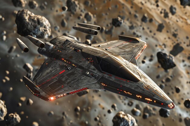 Foto scifi ruimteschip vliegt door een veld van asteroïden