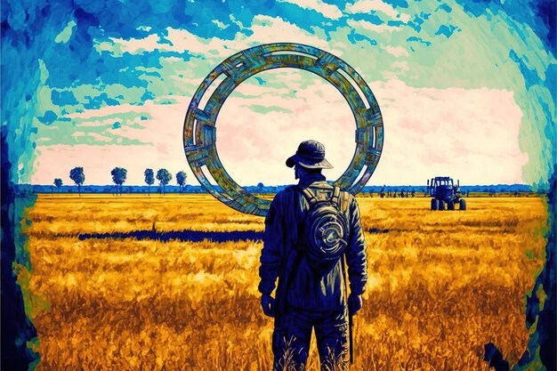 Scifi scene showing futuristic man standing in a field looking at the planet with giant rings digital art style illustration painting fantasy concept of a scifi man in a field