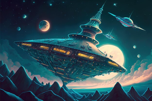 Scifi scene showing the spaceship abducting human at the night digital art style illustration painting fantasy concept of a spaceship abducting human