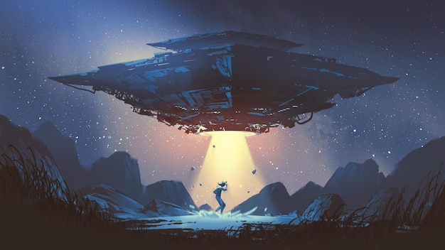 Scifi scene showing the spaceship abducting human at the night illustration painting