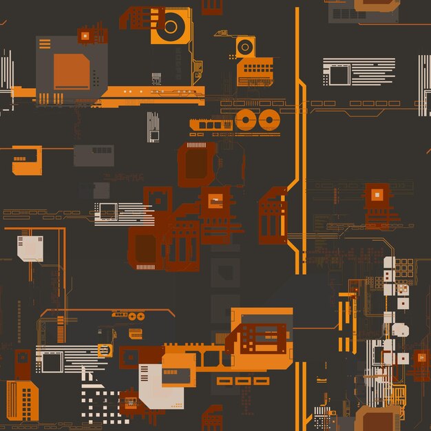 Photo scifi seamless texture 8k orange red grey background technology circuit board texture tiles