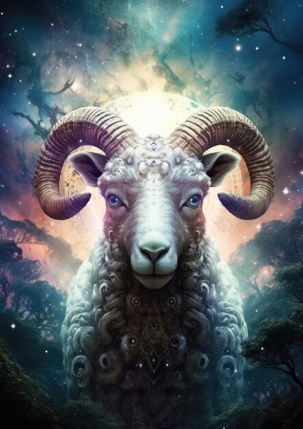 Scifi sheep capricorn animal fantasy creature with colorful sky dark background Generative Ai