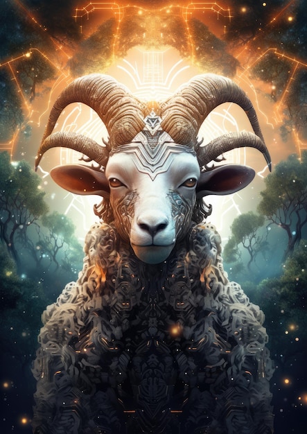 Scifi овцы Козерога животное фантастическое существо с красочным небом темный фон Generative Ai