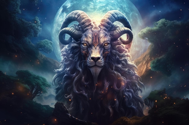 Scifi sheep capricorn animal fantasy creature with colorful sky dark background Generative Ai