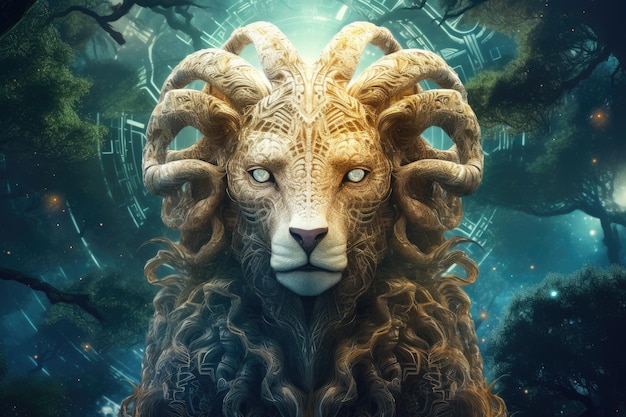 Scifi sheep capricorn animal fantasy creature with colorful sky dark background Generative Ai