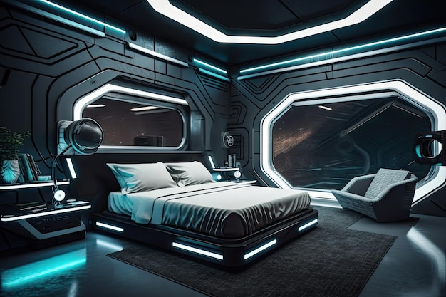 Scifi slaapkamer met zicht op de sterren en futuristische elementen