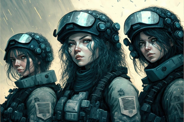 Scifi soldiers in a futuristic suit Three futuristic female soldiers Digital art style illustration painting