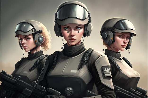 未来的なスーツを着たフィクションの兵士 3人の未来的な女性兵士 デジタルアートスタイルのイラスト絵画