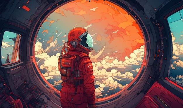 Scifi Space Adventurer kijkt naar een buitenaardse vista met een vintage touch.