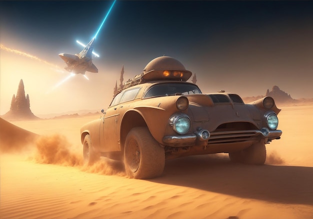 Scifi style illustration of a car navigating in a desert