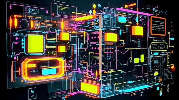 scifi synthwave cyberpunk virtual computer hologram interface neon micro scheme HUD