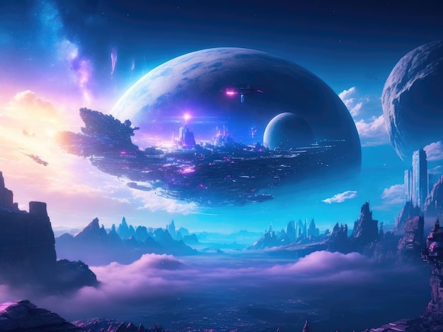 Scifi virtual reality landscape fantasy universe and space cloud background ai generated