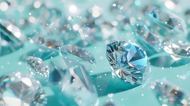 Scintillating diamonds on a teal backdrop reflecting light luxury concept shining gemstones perfect for jewelry ads AI