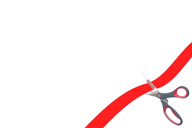 Scissors Cutting Red Ribbon with Blank Space for Your Design on a white background. 3d Rendering