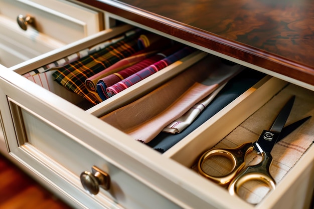 Scissors and fabric swatches in a compartmentalized drawer