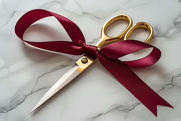 Photo scissors with red ribbon tied around it