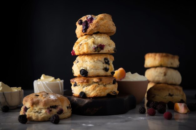 Scone tower stacked high with scones and toppings created with generative ai