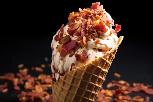 A scoop of bacon ice cream on a waffle cone garnished with crispy bacon bits