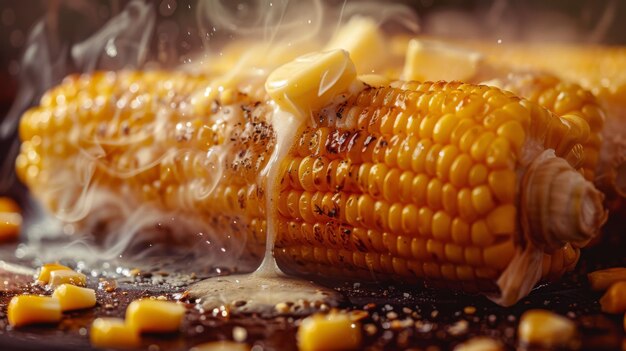 A scoop of butter melting on hot steaming corn on the cob