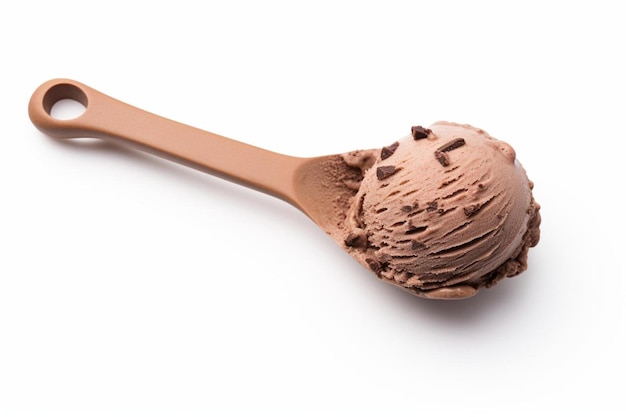 a scoop of chocolate ice cream is on a wooden spoon