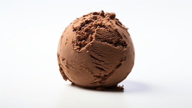 a scoop of chocolate ice cream on a white surface