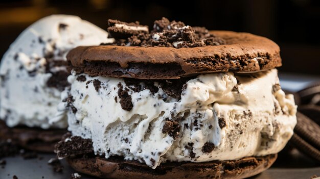 A scoop of cookies and cream ice cream being topped with crushed chocolate sandwich cookies