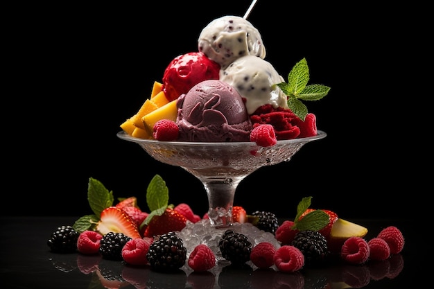 Foto una ciotola di gelato gourmet servito con additivi di frutta fresca