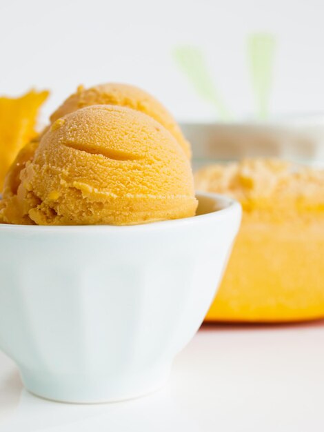 Scoop of gourmet pumpkin gelato in white bowl.