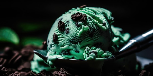 A scoop of green chocolate chip ice cream sits on a dark surface.