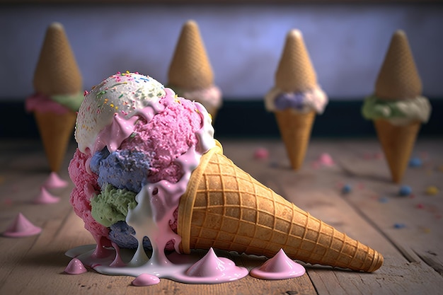 A scoop of ice cream is spread out on a wooden table.