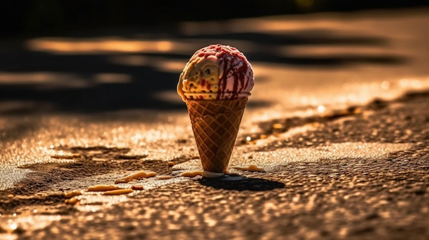 Шарик мороженого лежит на тротуаре.