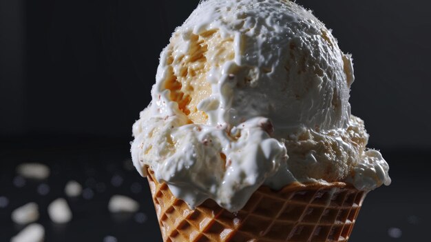 A scoop of ice cream in a waffle cone