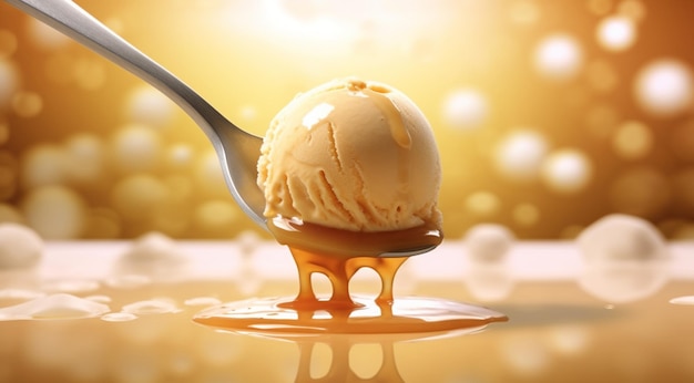 Photo scoop of ice cream with vanilla and caramel syrup in a spoon
