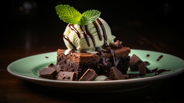 A scoop of mint chocolate chip ice cream being placed on a fresh brownie