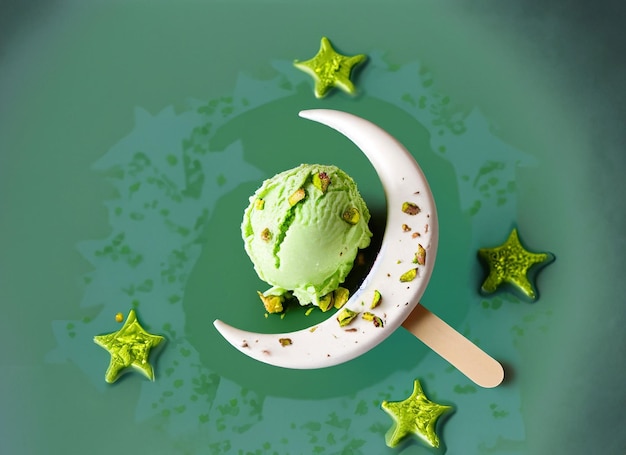 A scoop of pistachio ice cream with pistachios isolated with moon on white background