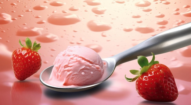 ピンクの背景にストロベリー味のアイスクリームのスクープ