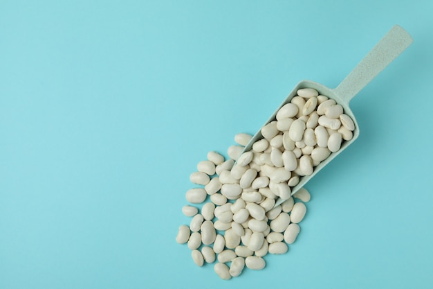 Scoop of white beans on blue background