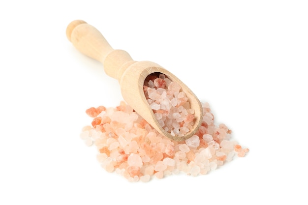 Scoop with pink himalayan salt isolated on white