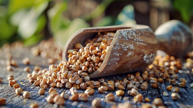 Scooped mixed grains in wooden spoon on rustic table with natural lighting