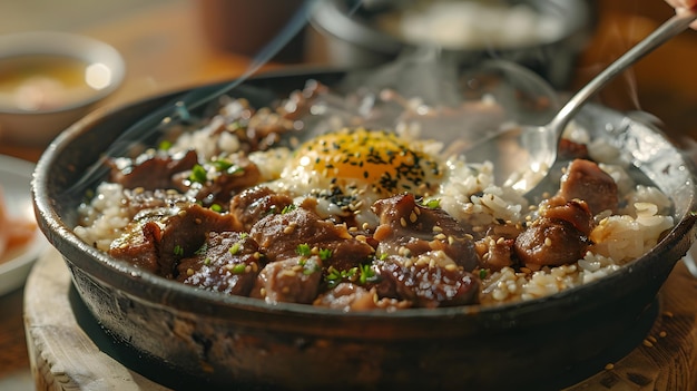 Scooping food from a pan with a spoon during cooking