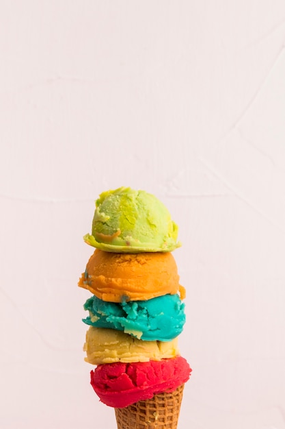 Scoops of colorful ice cream in cone