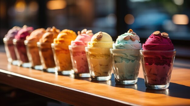 Scoops of colorful ice cream in a glass