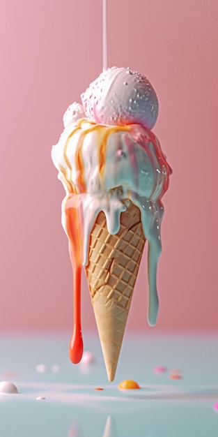 Scoops of ice cream melting on waffle cone drizzled with sauce on pink background Created with Generative AI technology