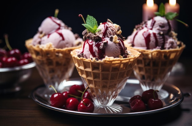 scoops of ice cream in waffle bowls