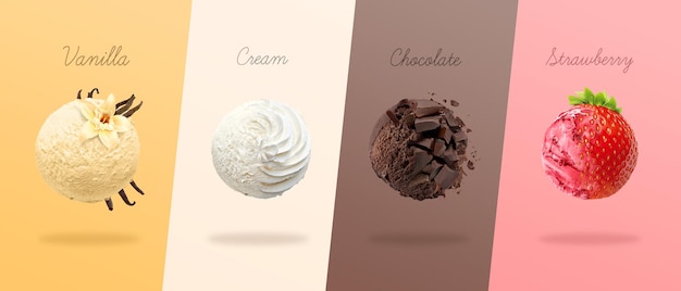 Scoops of ice cream with pieces of vanilla cream chocolate and strawberry 3D illustration