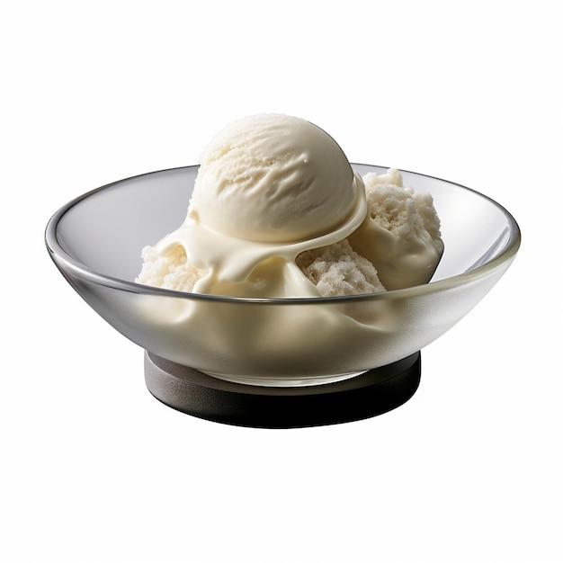 ложки белого мороженого в небольшой миске, изолированной на белом фоне