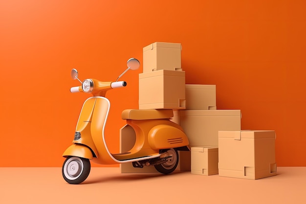 Scooter and cardboard boxes illustration delivery concept orange background Generative AI